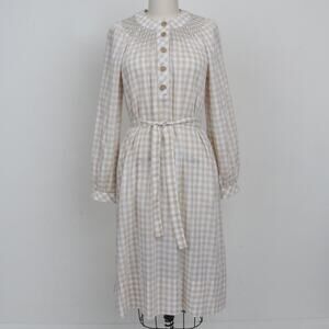 Vintage 1970s Beige Gingham Log Sleeve Dress M